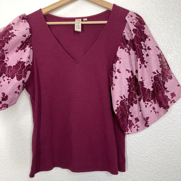 Dolan Shirt Womens Medium Burgundy Pink V-Neck Puff Sleeve Floral Lace Knit - Picture 3 of 16